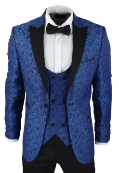 Mens Paisley Tuxedo Blazer And Waistcoat Brocade Dinner Jacket Satin Black Blue β No Trousers