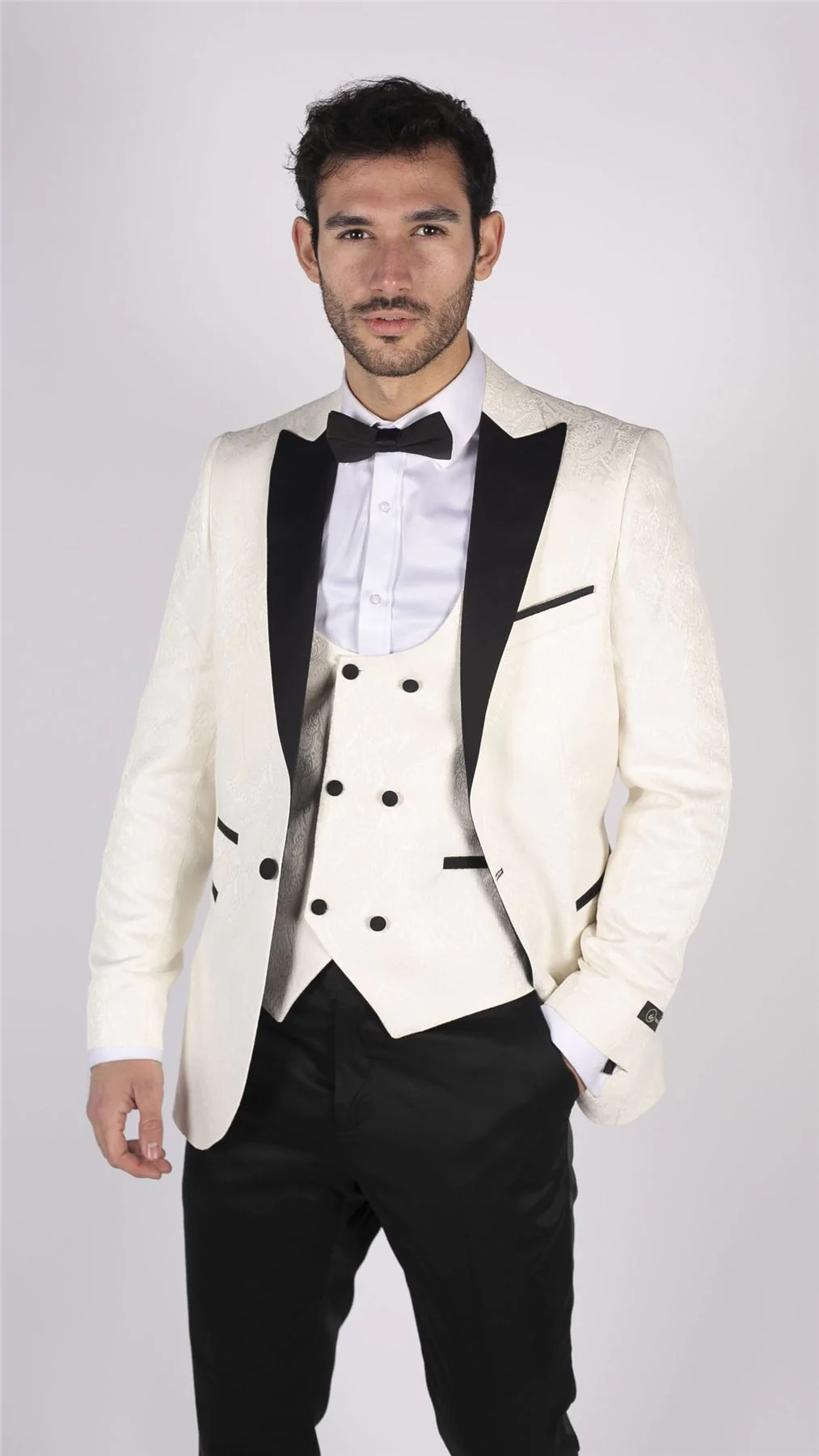 Mens Paisley Tuxedo Blazer And Waistcoat Brocade Dinner Jacket Satin Ivory Black - Image 2