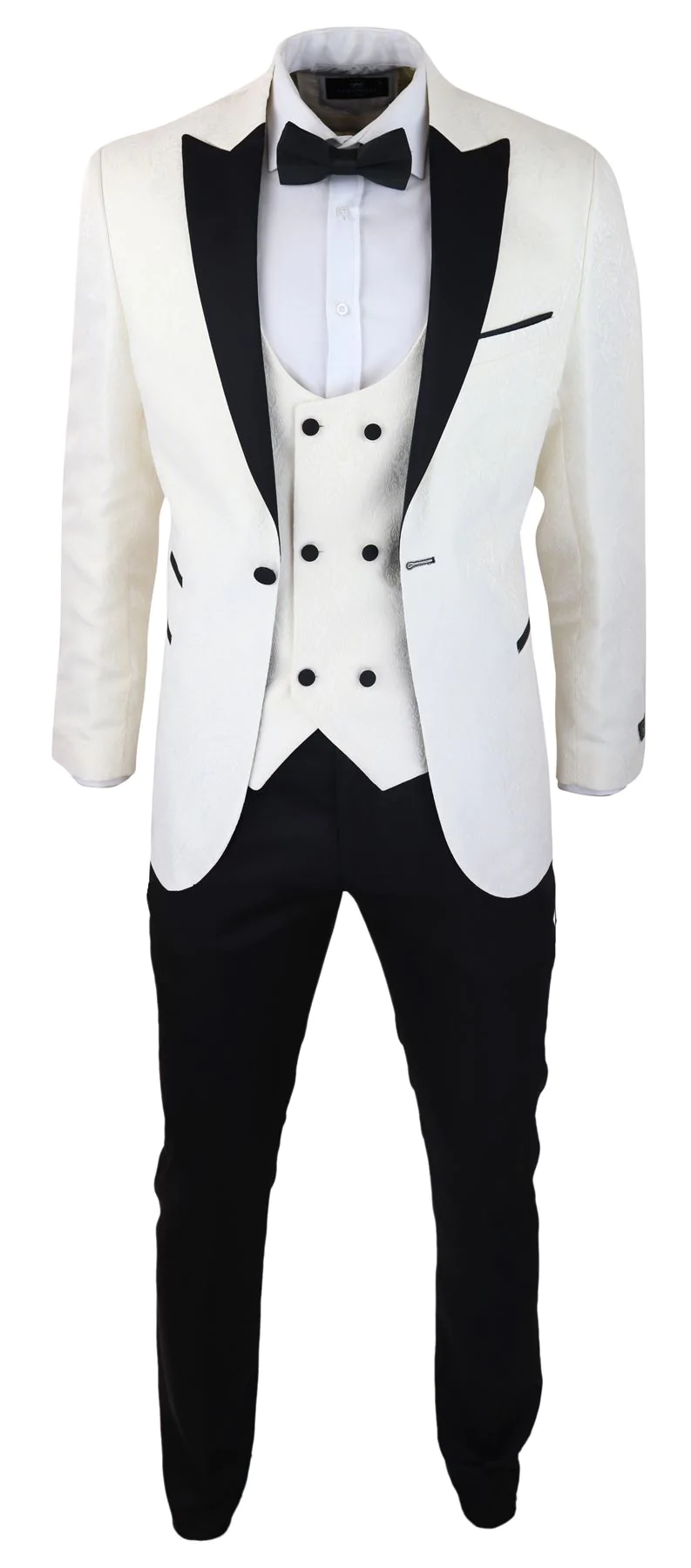 Mens Paisley Tuxedo Blazer And Waistcoat Brocade Dinner Jacket Satin Ivory Black - Image 3