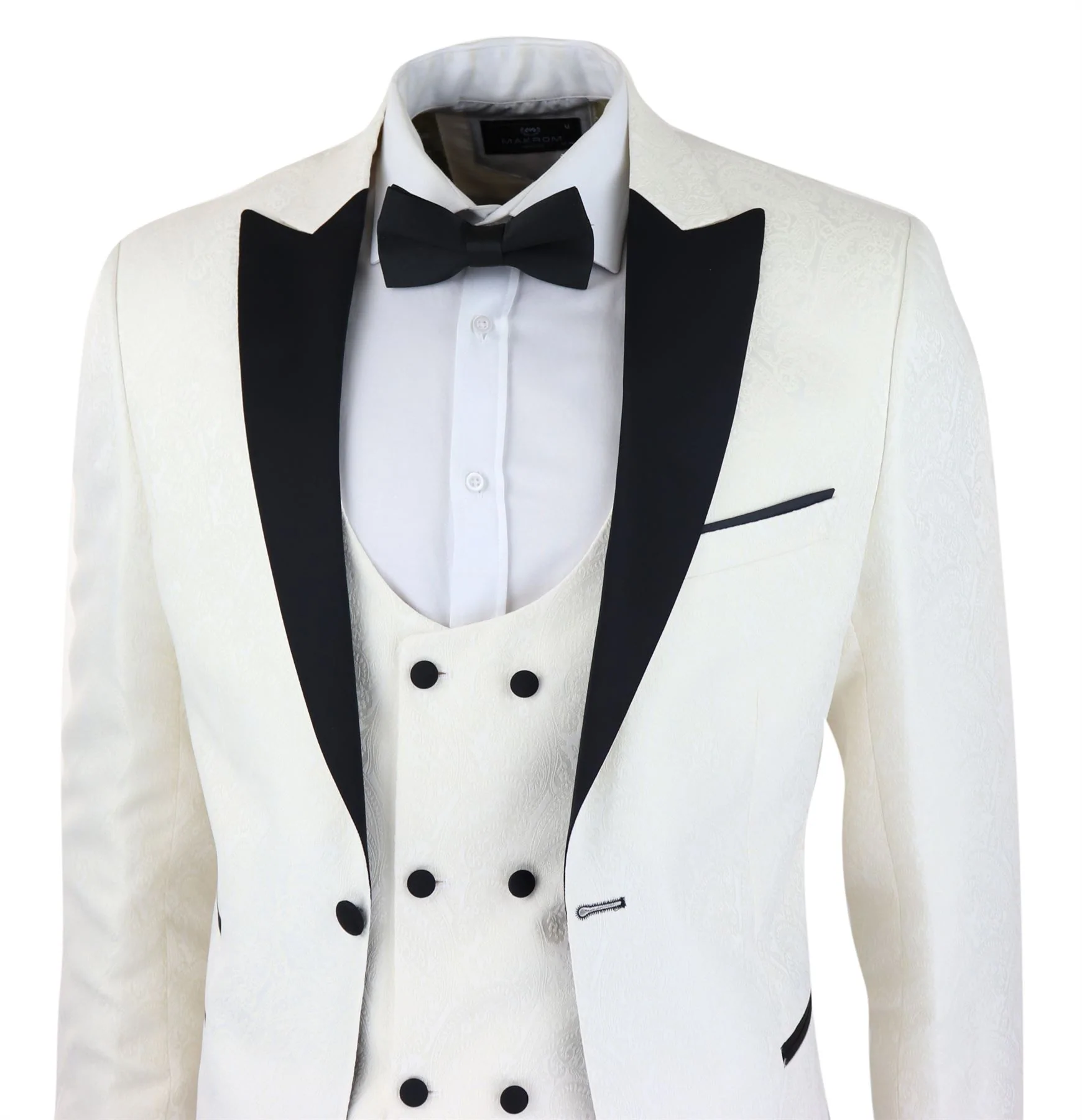 Mens Paisley Tuxedo Blazer And Waistcoat Brocade Dinner Jacket Satin Ivory Black - Image 5