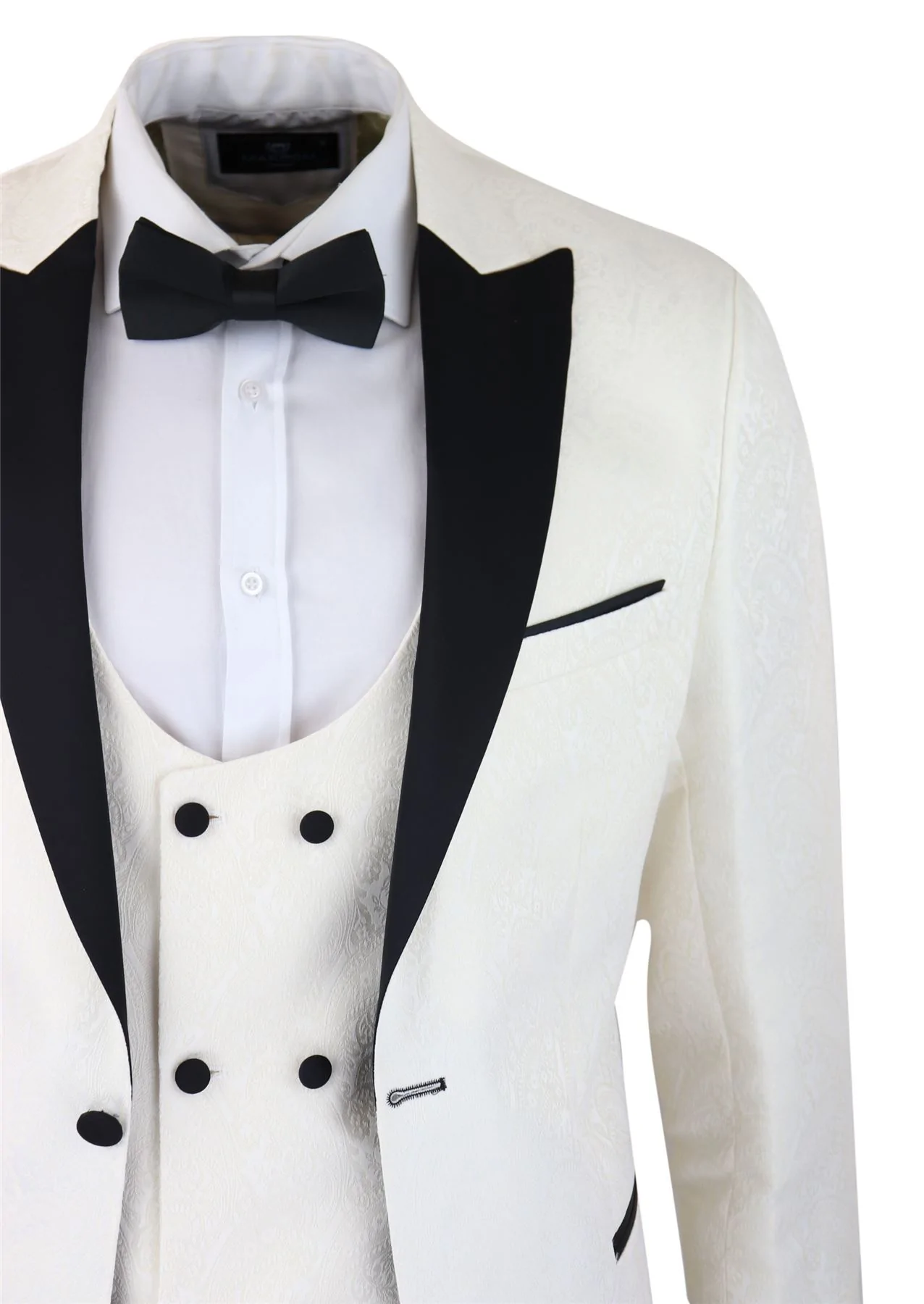 Mens Paisley Tuxedo Blazer And Waistcoat Brocade Dinner Jacket Satin Ivory Black - Image 4