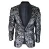 STZ64-65 – Men’s Velvet Paisley Floral Blazer Silver Black Tuxedo Jacket