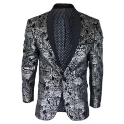 STZ64-65 – Men’s Velvet Paisley Floral Blazer Silver Black Tuxedo Jacket