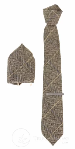 Tan-Brown Check Tweed Tie With Hankie And Tie Clip – Tan Brown