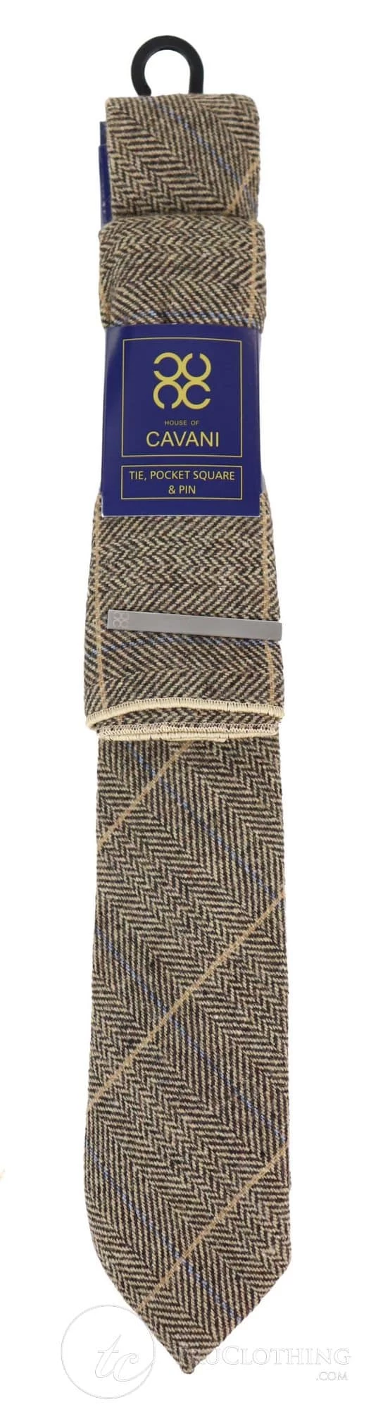 Tan-Brown Check Tweed Tie With Hankie And Tie Clip β Tan Brown - Image 2