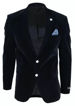 Mens Velvet Blazer Suit Jacket 2 Button Dinner Smart Casual Formal Tailored Fit – Black