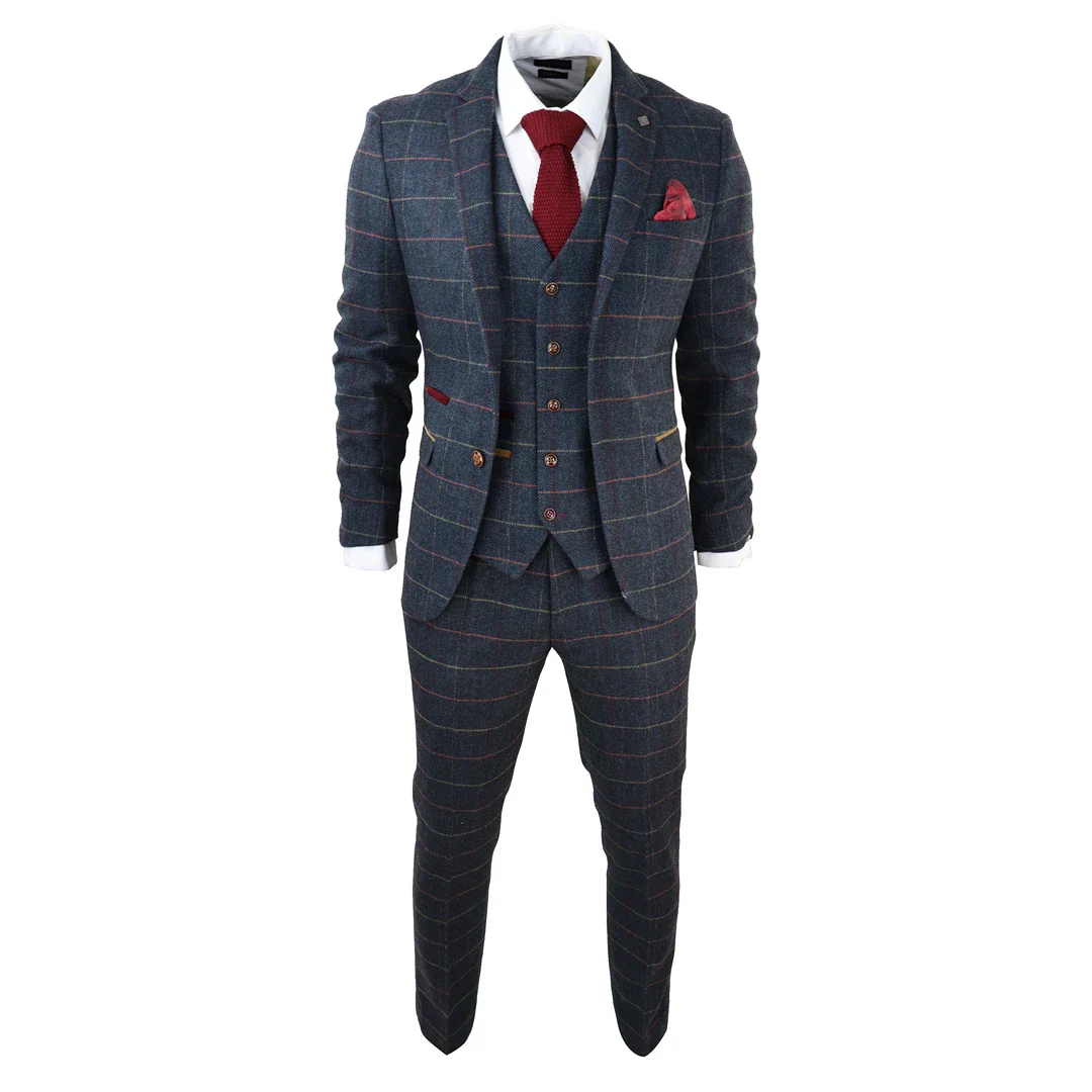 Thomas Men’s Navy 3-Piece Tweed Check Suit - Image 7