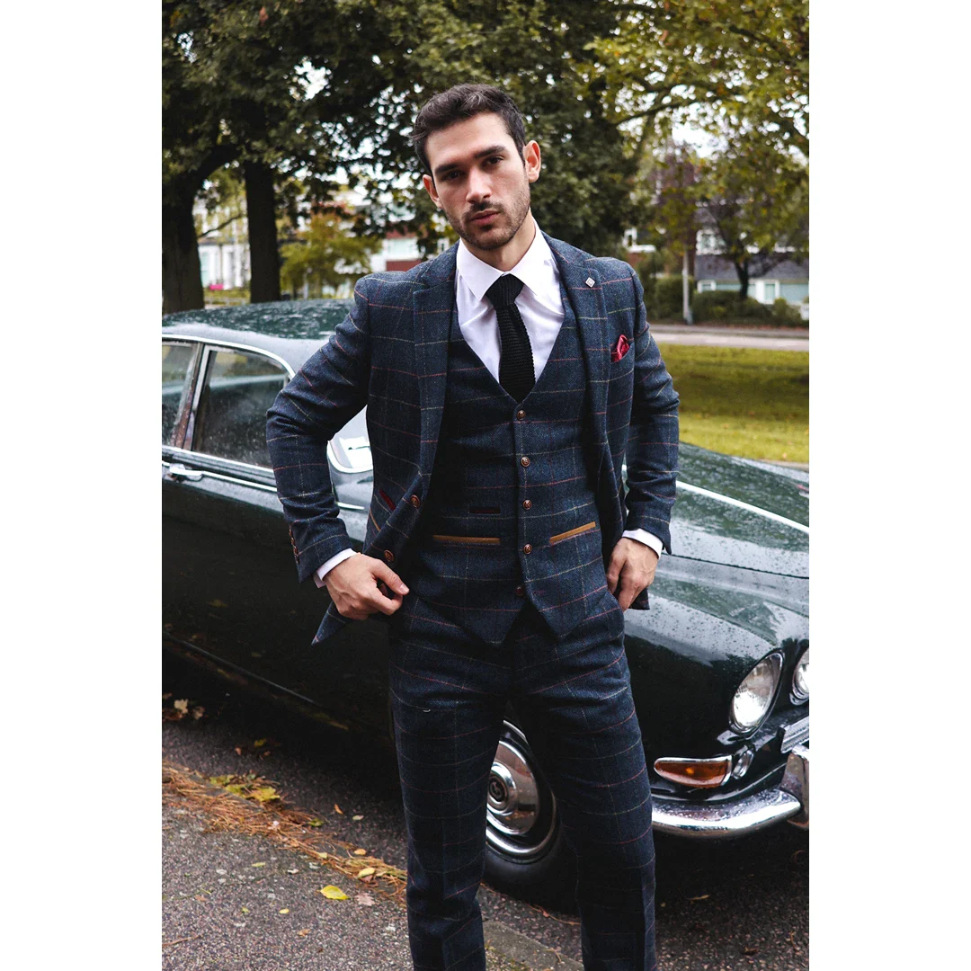 Thomas Men’s Navy 3-Piece Tweed Check Suit - Image 2