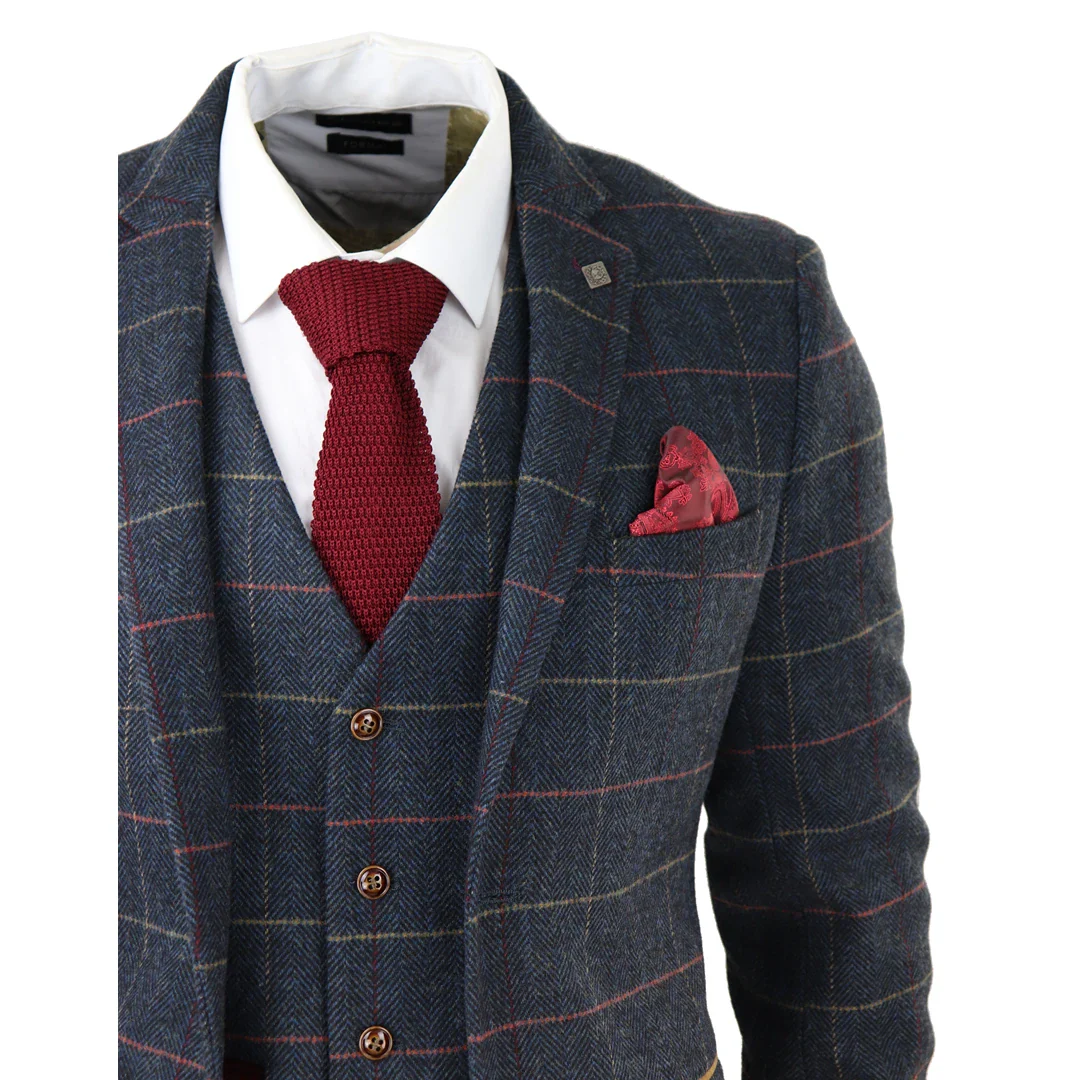 Thomas Men’s Navy 3-Piece Tweed Check Suit - Image 4