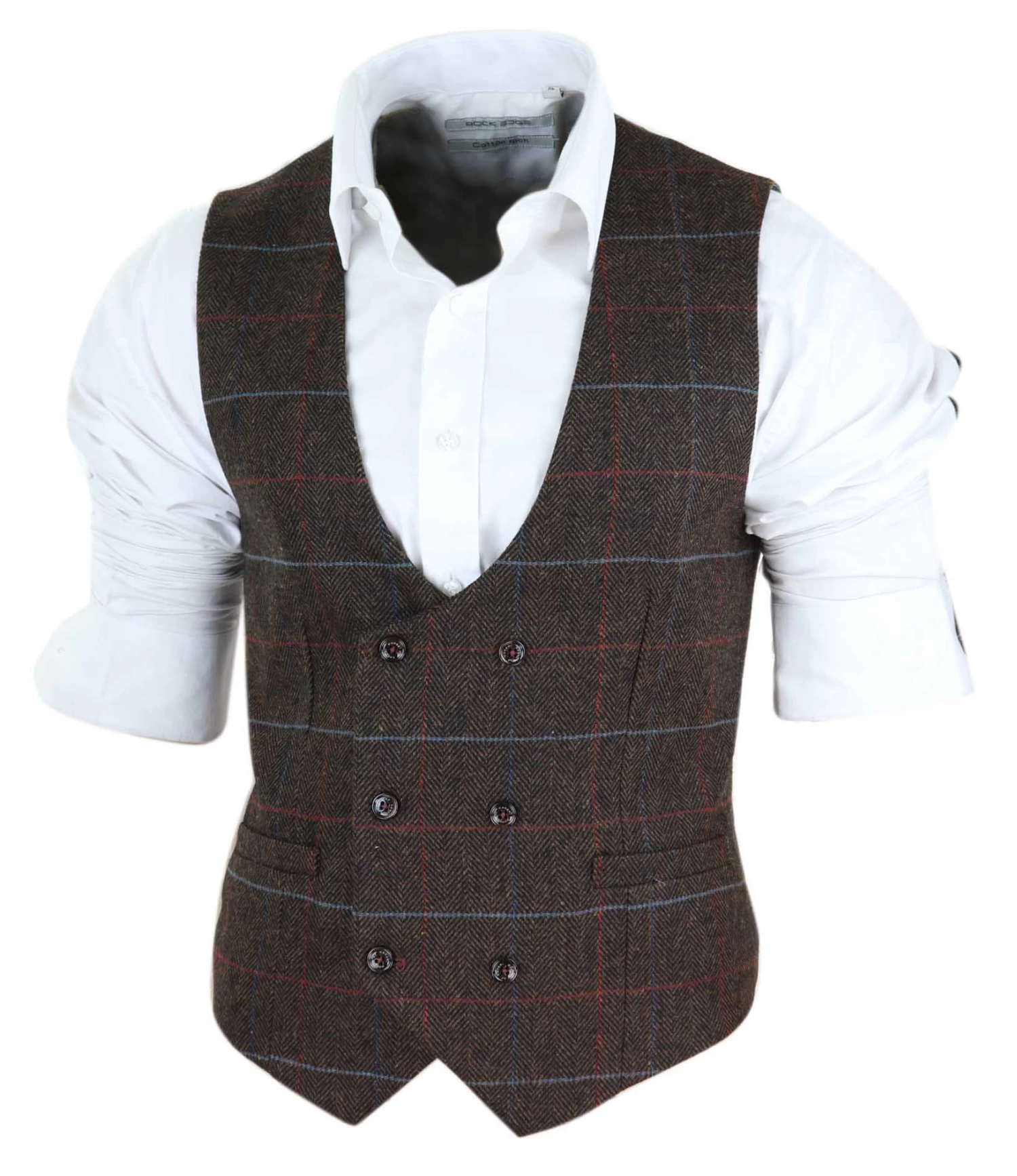Cavani Tommy – Men’s Brown Herringbone Tweed Check Waistcoat - Image 2