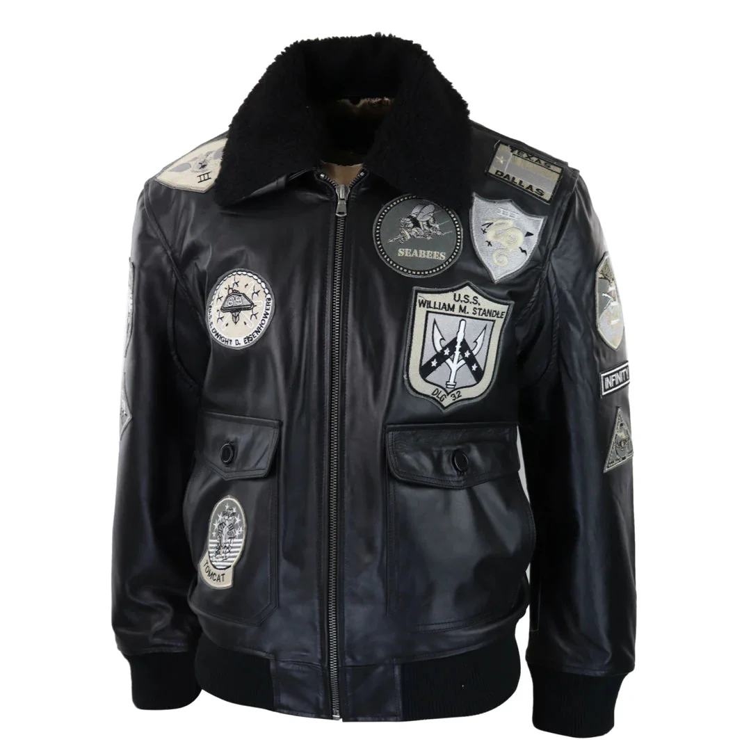 Men’s Full Black Grey Topgun Maverick Jacket Pilot Bomber US Badges Black Fur Tom Cat - Image 2