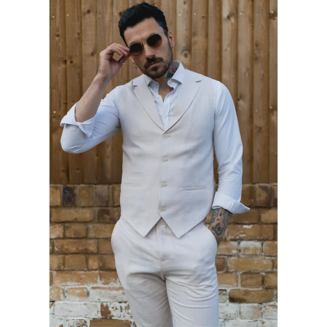 TP-10 – Men’s Summer Suit Waistcoat Trousers Linen Formal Cream Beige Wedding - Image 5