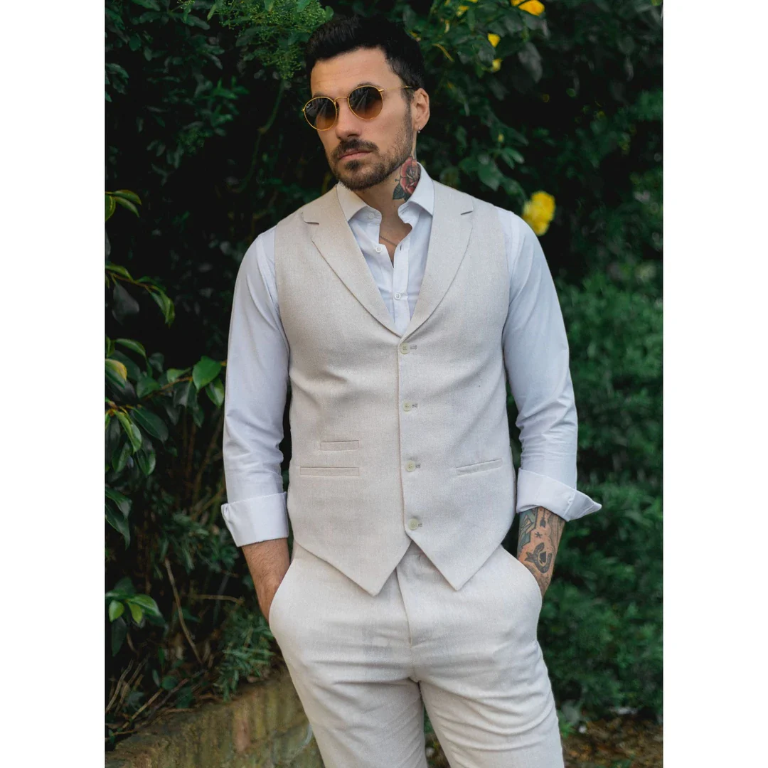 TP-10 – Men’s Summer Suit Waistcoat Trousers Linen Formal Cream Beige Wedding - Image 2