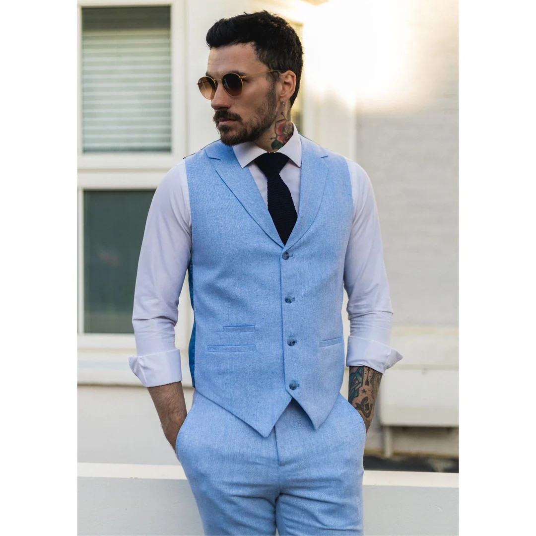 TP-12 – Men’s Summer Suit Waistcoat Trousers Linen Formal Royal Blue Wedding