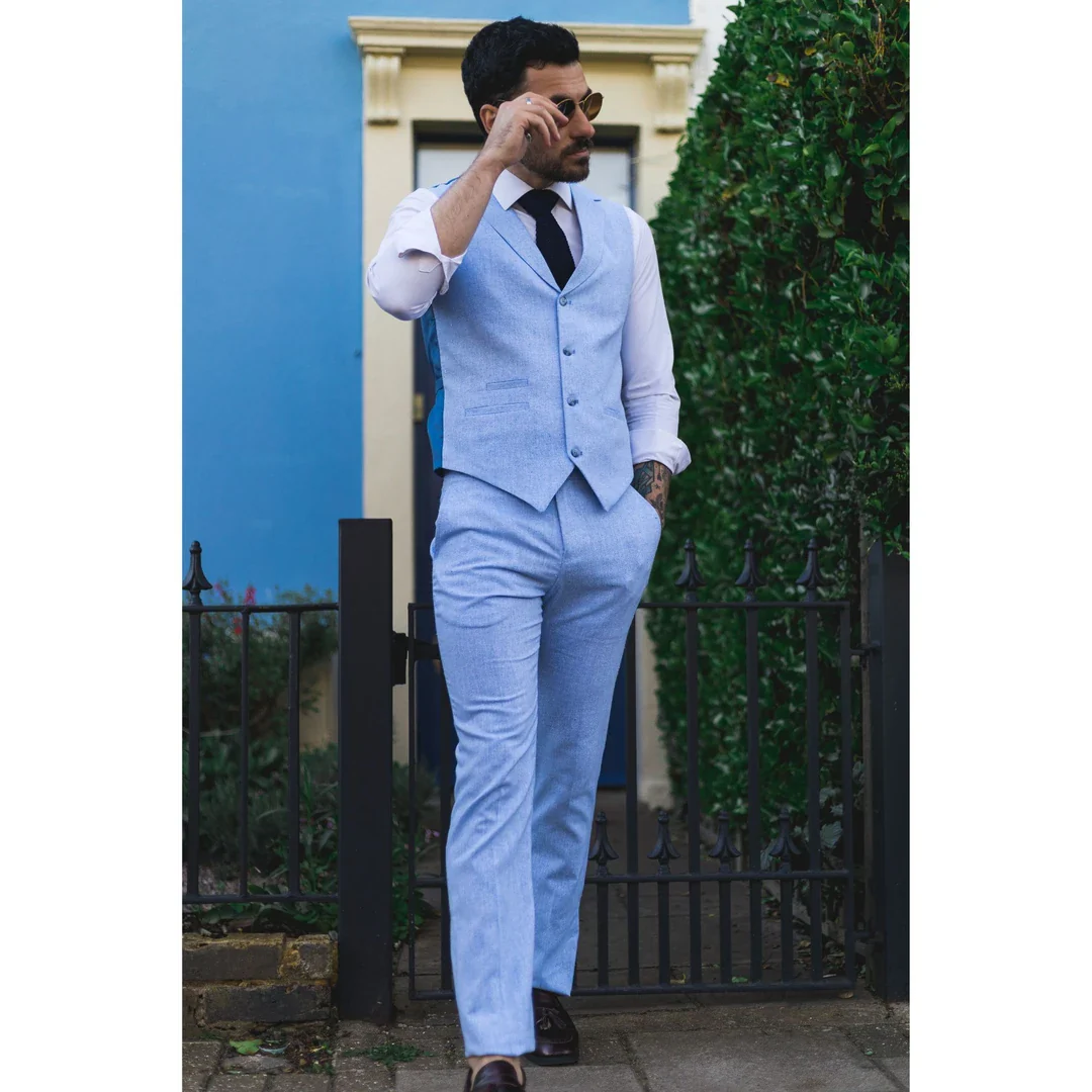 TP-12 – Men’s Summer Suit Waistcoat Trousers Linen Formal Royal Blue Wedding - Image 2