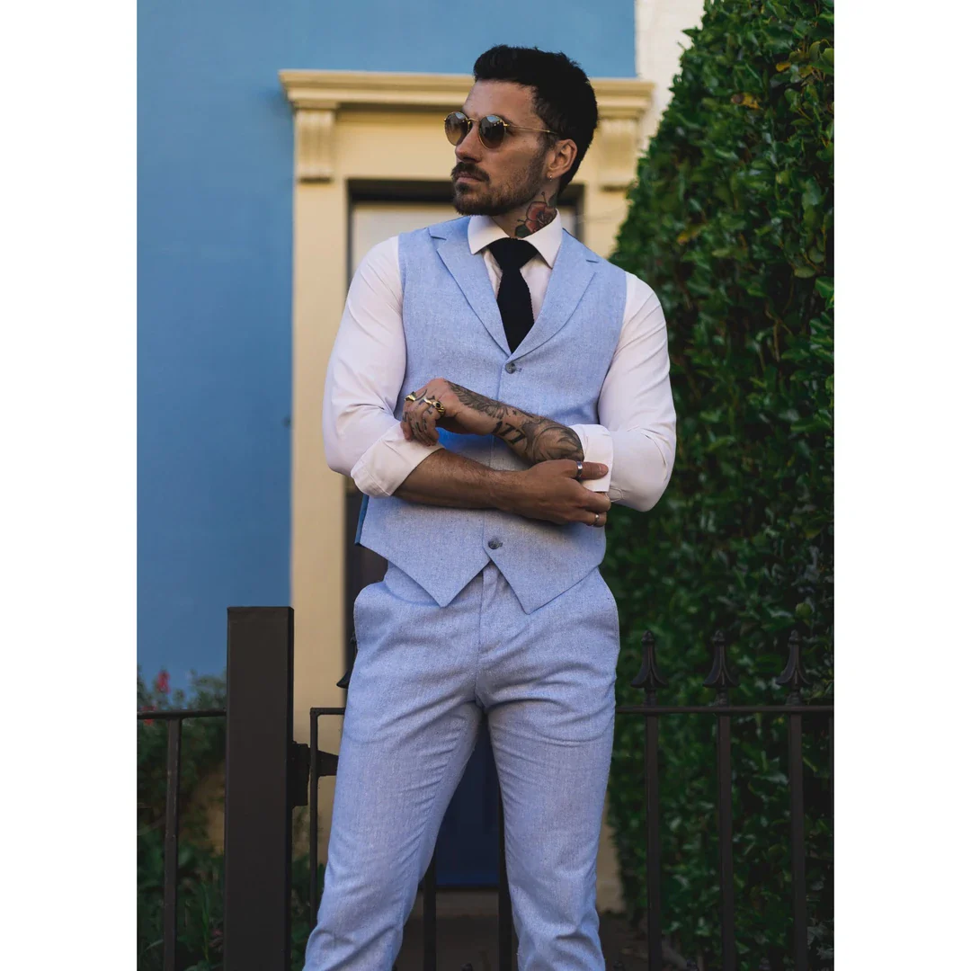 TP-12 – Men’s Summer Suit Waistcoat Trousers Linen Formal Royal Blue Wedding - Image 3