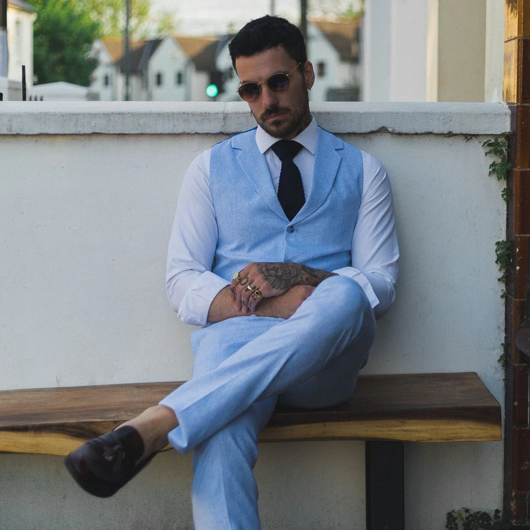 TP-12 – Men’s Summer Suit Waistcoat Trousers Linen Formal Royal Blue Wedding - Image 4