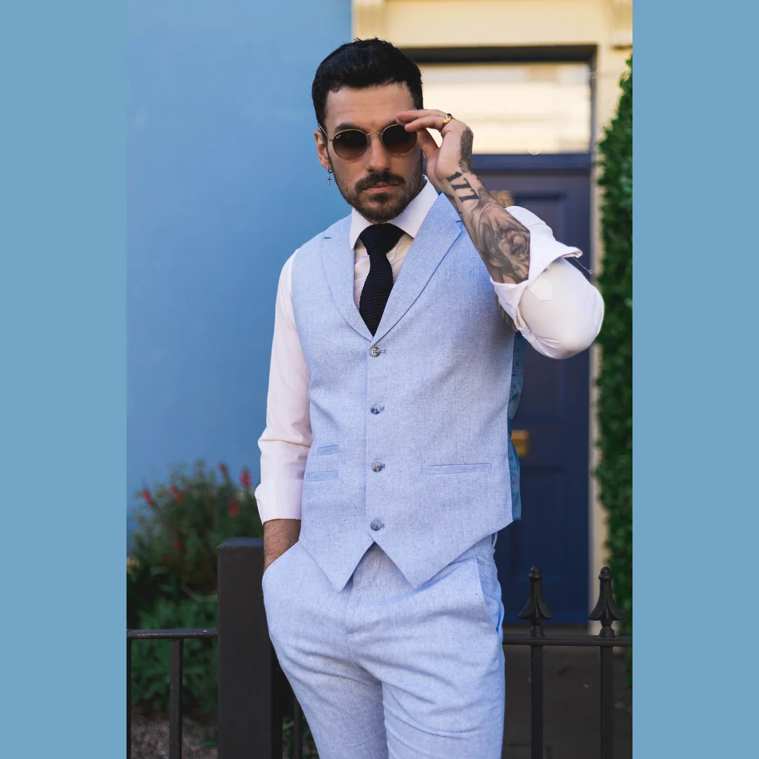 TP-13 – Men’s Summer Suit Waistcoat Trousers Linen Formal Baby Blue Wedding - Image 4