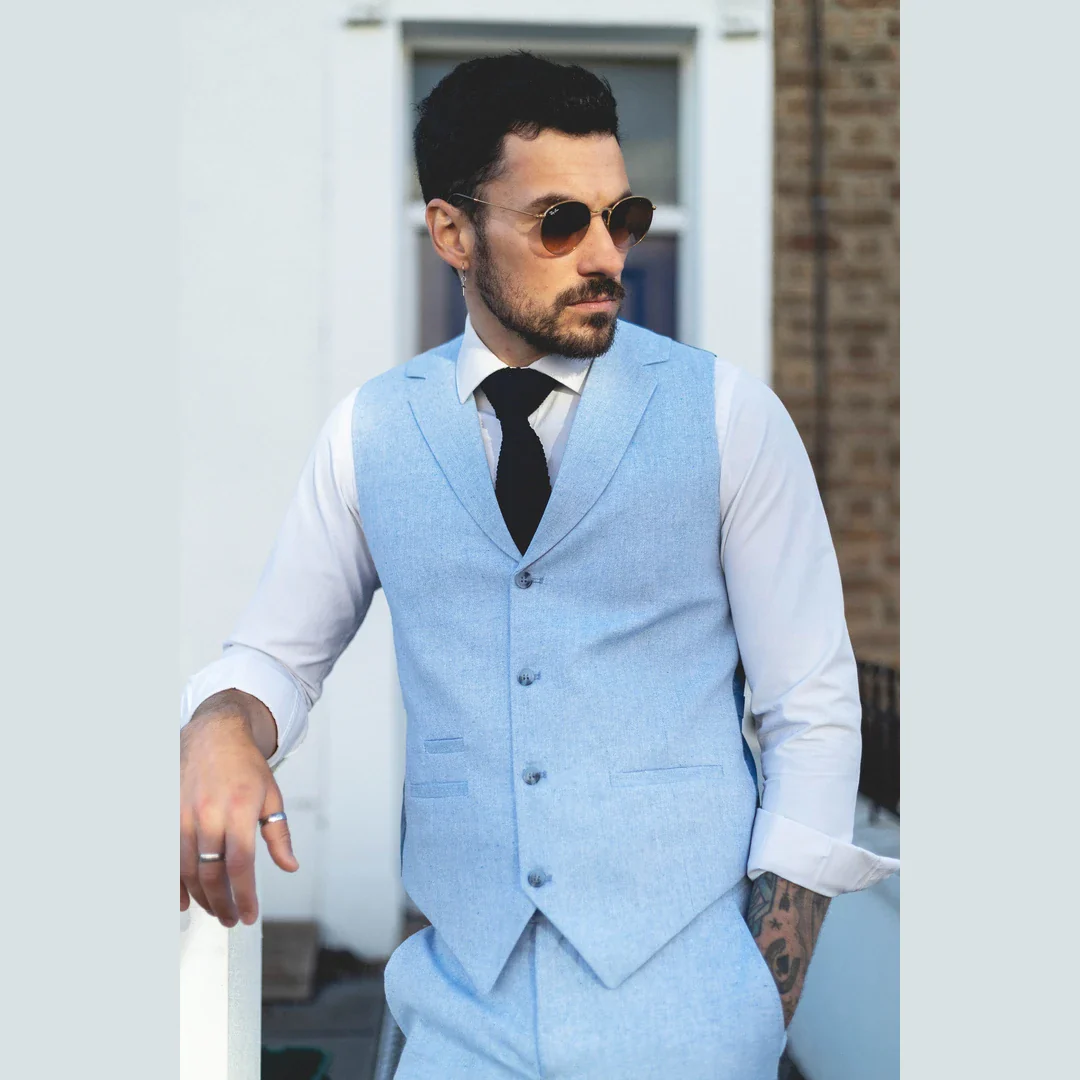 TP-13 – Men’s Summer Suit Waistcoat Trousers Linen Formal Baby Blue Wedding