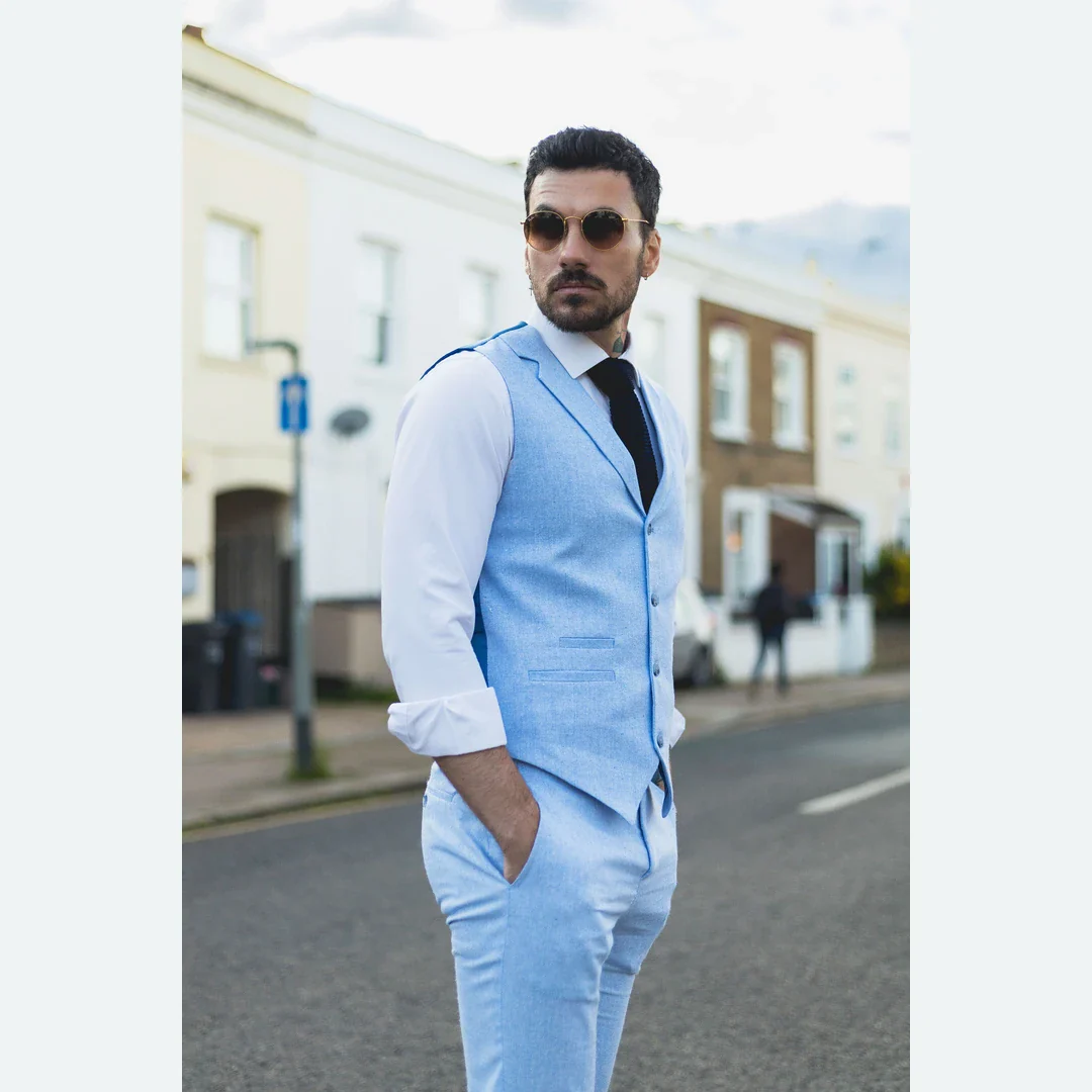 TP-13 – Men’s Summer Suit Waistcoat Trousers Linen Formal Baby Blue Wedding - Image 2