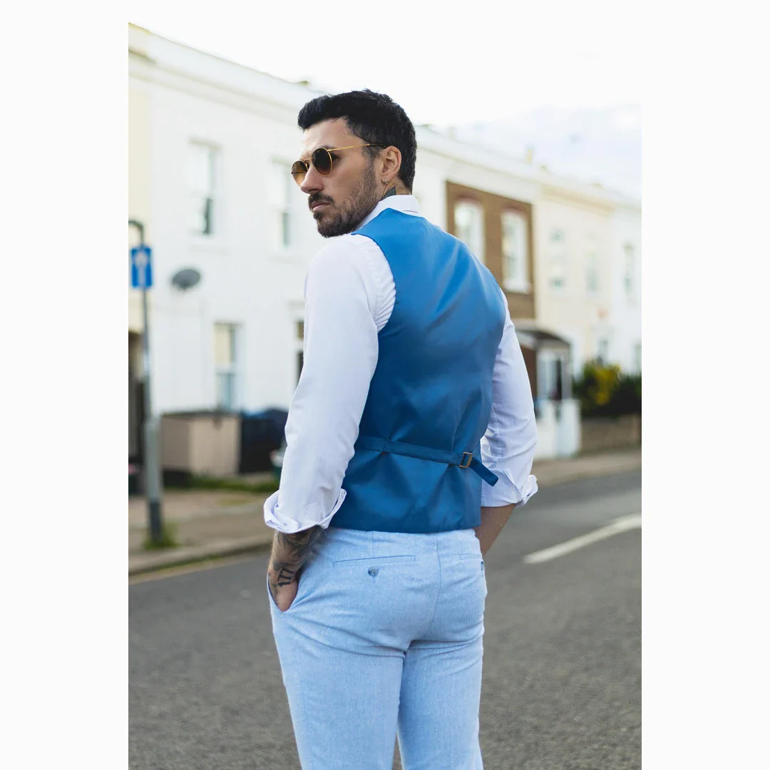 TP-13 – Men’s Summer Suit Waistcoat Trousers Linen Formal Baby Blue Wedding - Image 3
