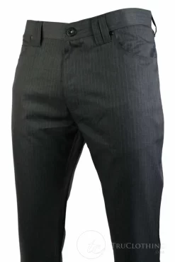 Mens Pin Stripe Straight Cut Trousers Smart Casual Grey Short Reg Long Office Work