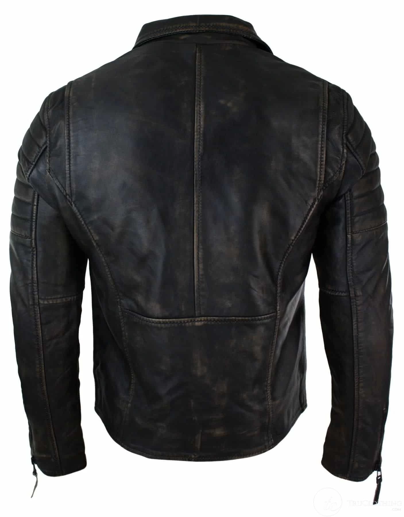 Real Leather Slim Fit Mens Cross Zip Retro Vintage Brando Jacket Vintage Biker-Ruboff Black - Image 3