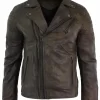 Real Leather Slim Fit Cross Zip Retro Vintage Brando Mens Jacket Vintage Biker-Brown