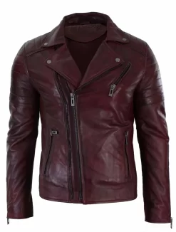 Infinity Real Leather Slim Fit Cross Zip Retro Vintage Brando Mens Jacket Vintage Biker-Burgundy