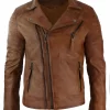 Real Leather Slim Fit Cross Zip Mens Retro Vintage Brando Jacket Vintage Biker-Tan