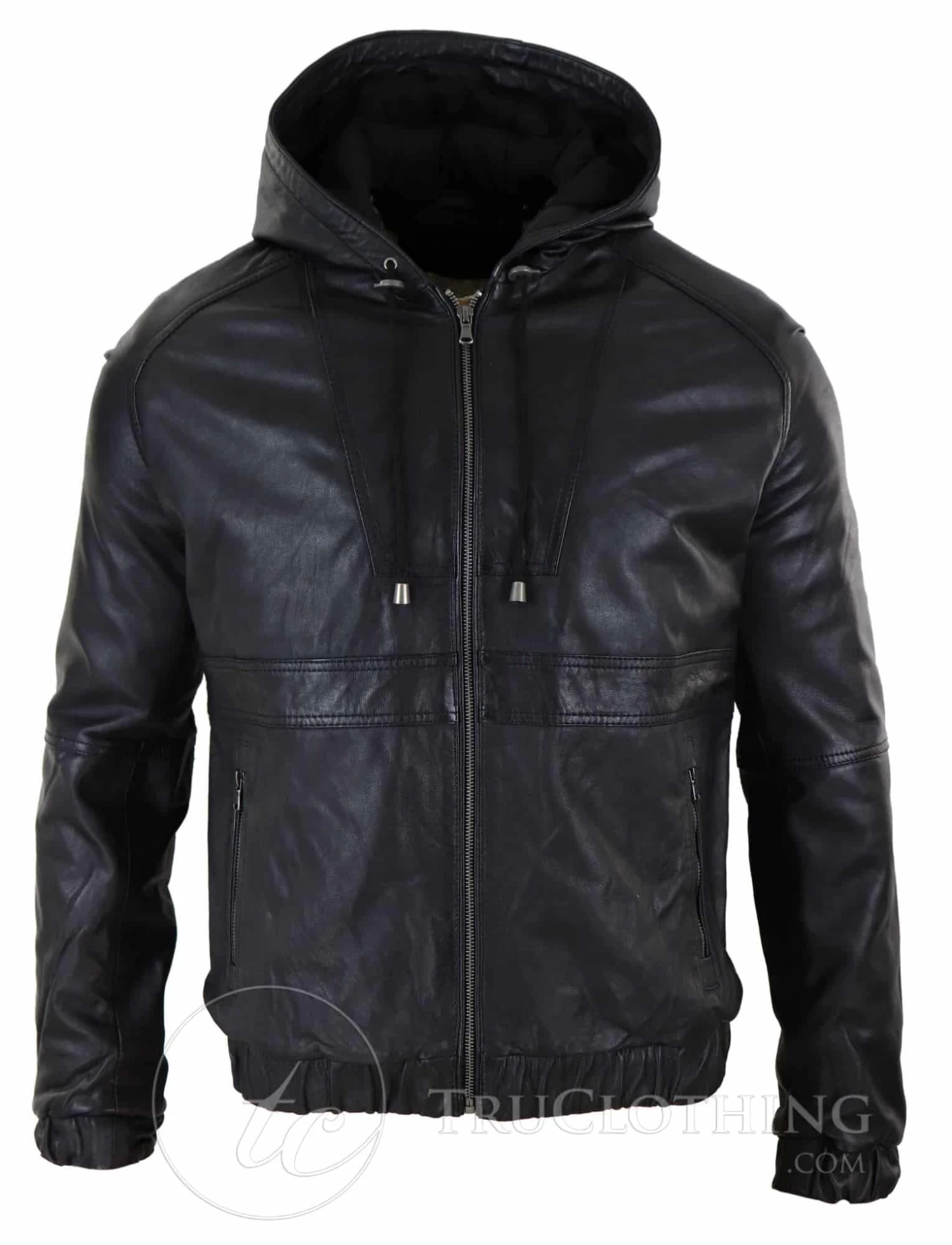 Mens Real Leather Bomber Hood Jacket – Black - Image 3