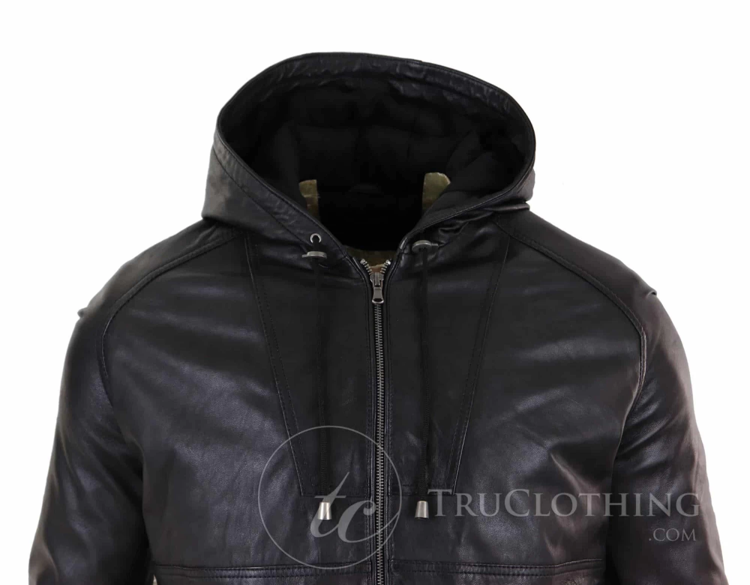 Mens Real Leather Bomber Hood Jacket – Black - Image 5