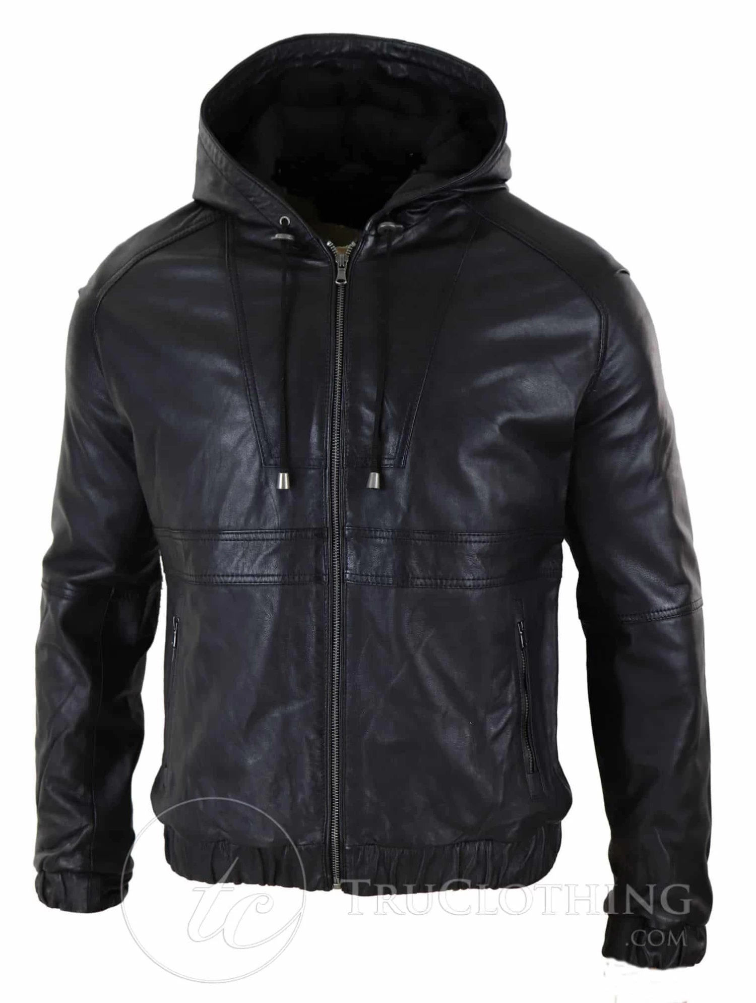 Mens Real Leather Bomber Hood Jacket – Black - Image 4