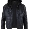 Mens Real Leather Bomber Hood Jacket – Black