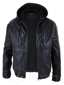 Mens Real Leather Bomber Hood Jacket – Black