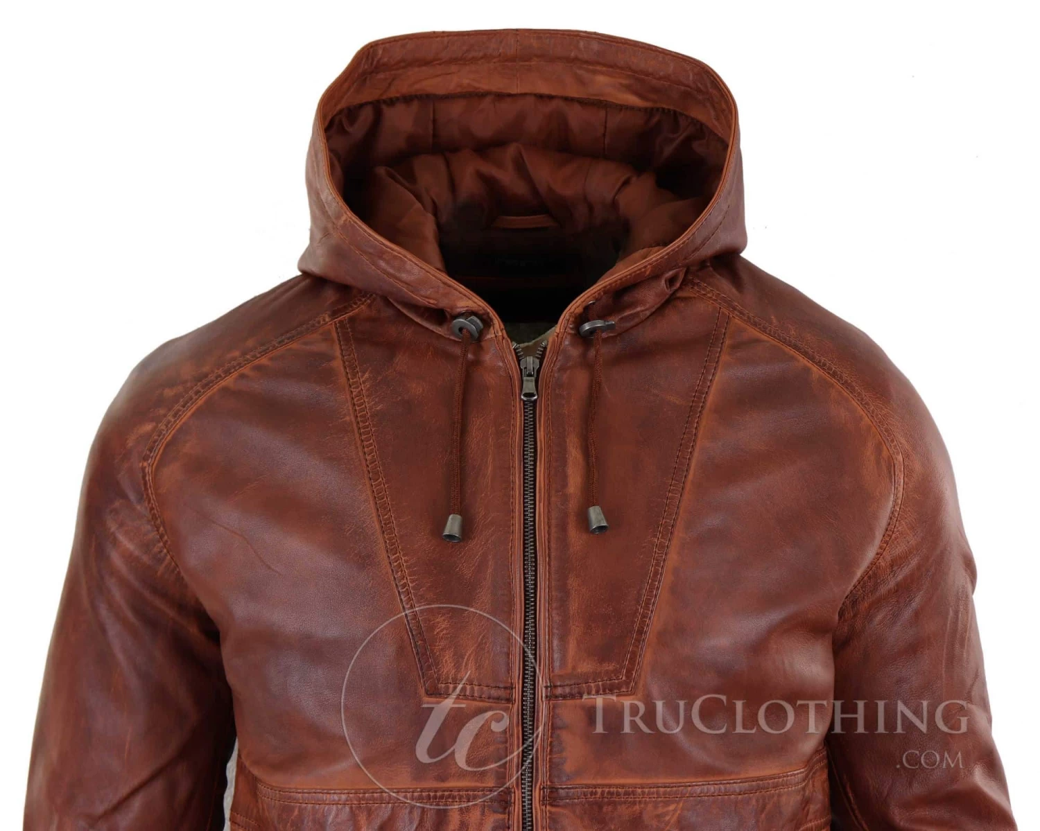 Mens Real Leather Bomber Hood Jacket – Tan - Image 3