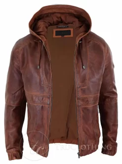 Mens Real Leather Bomber Hood Jacket – Tan