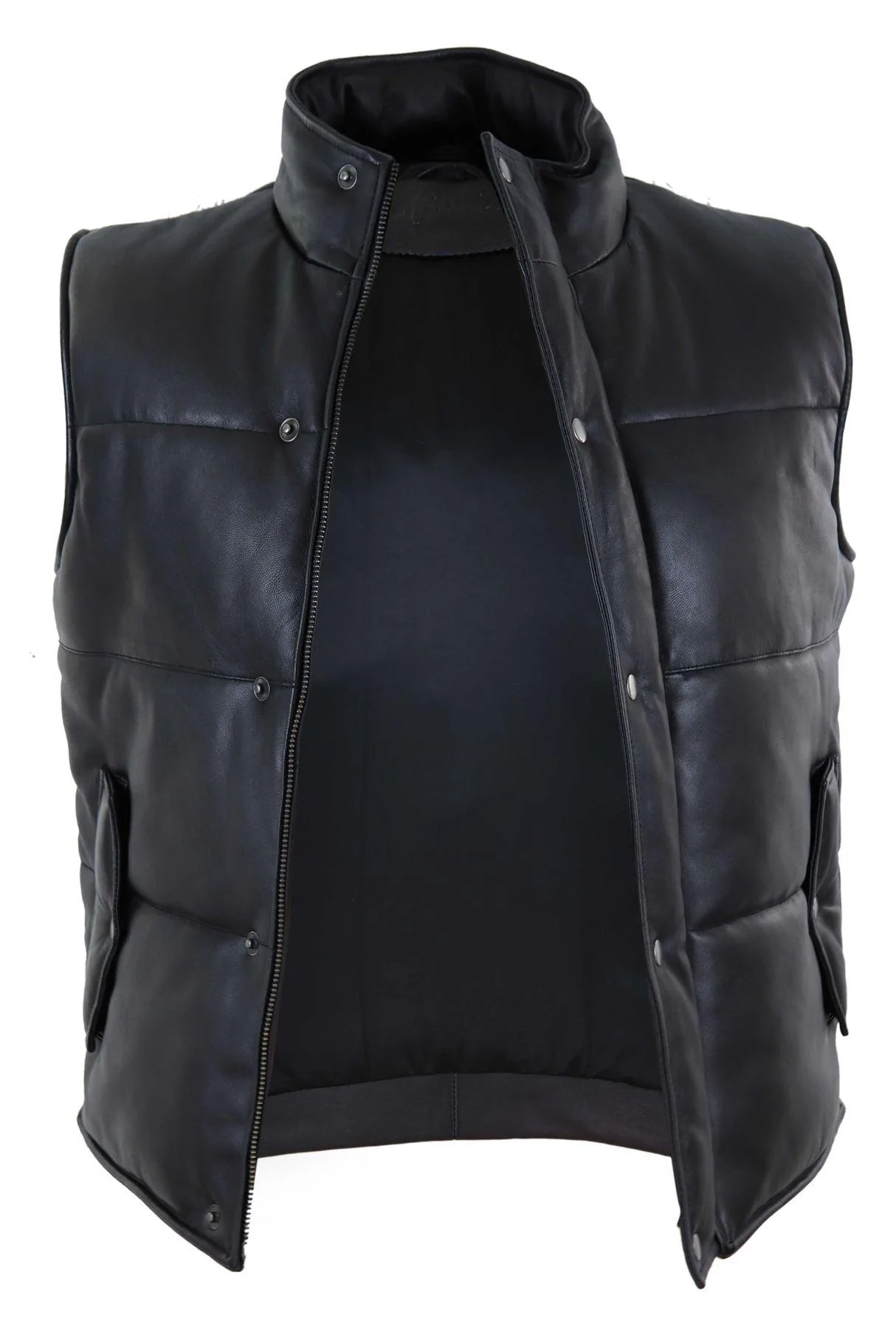Mens Real Leather Waistcoat Gilet Quilted Puffer Design Warm Zip Casual Black - Image 3