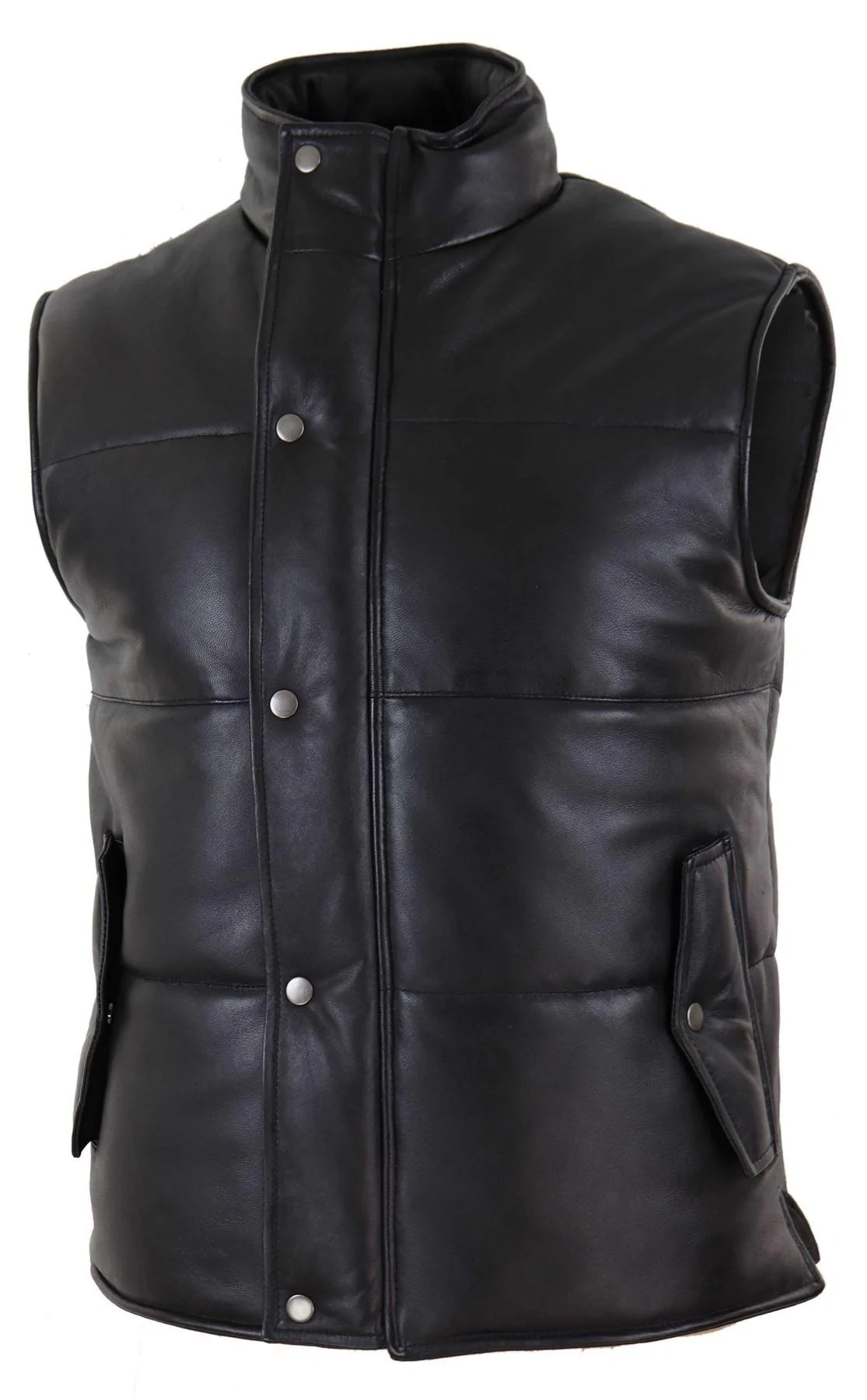 Mens Real Leather Waistcoat Gilet Quilted Puffer Design Warm Zip Casual Black - Image 5