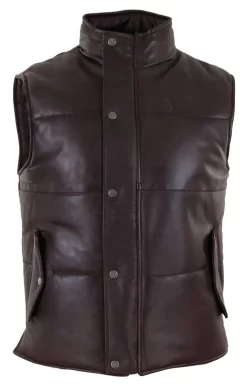 Mens Real Leather Waistcoat Gilet Quilted Puffer Design Warm Zip Casual Brown