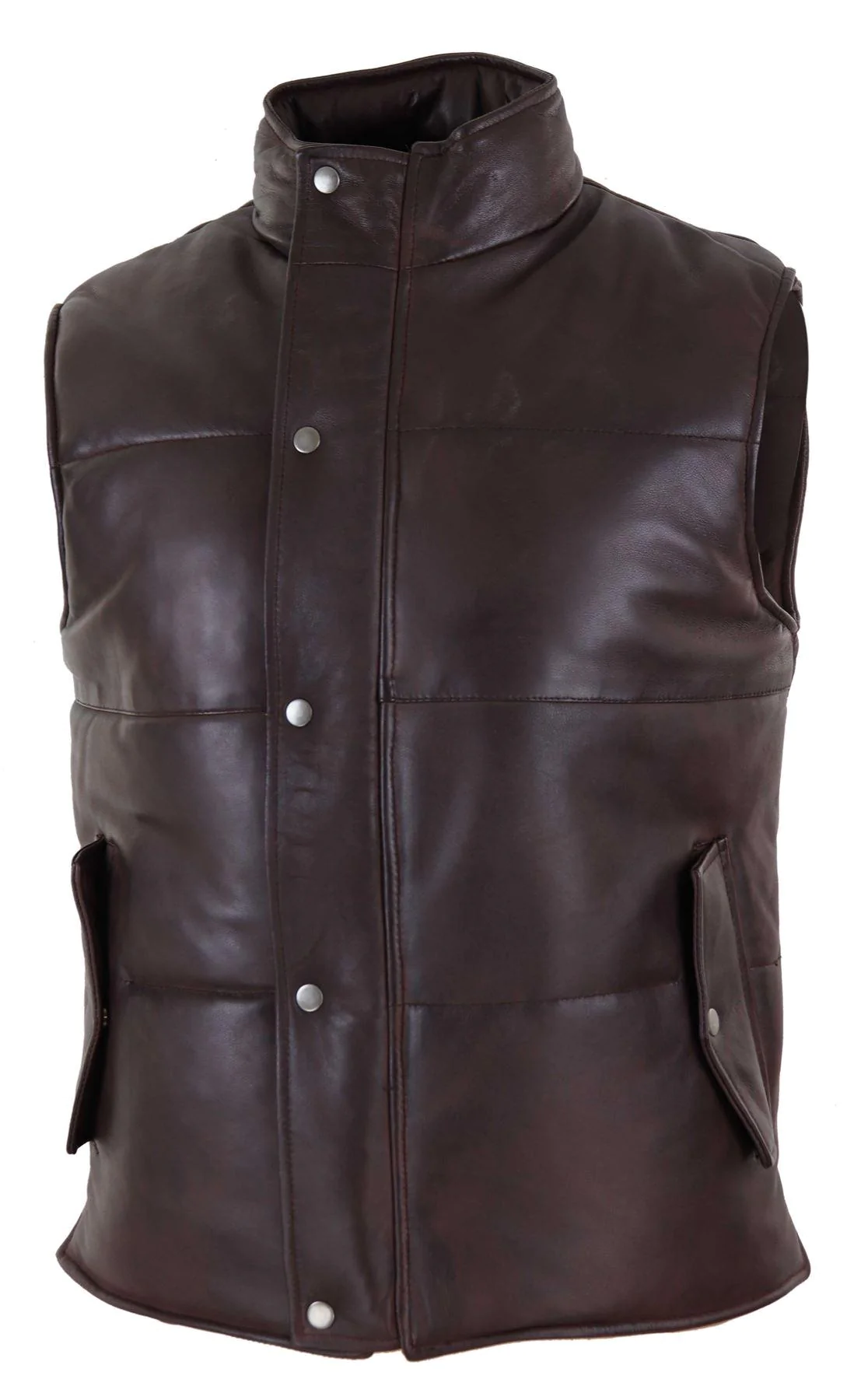 Mens Real Leather Waistcoat Gilet Quilted Puffer Design Warm Zip Casual Brown - Image 4