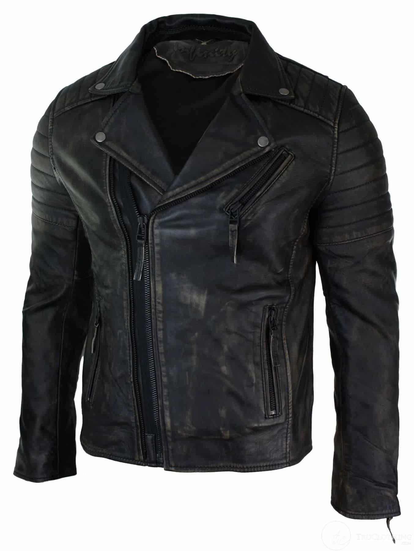 Real Leather Slim Fit Mens Cross Zip Retro Vintage Brando Jacket Vintage Biker-Ruboff Black - Image 2