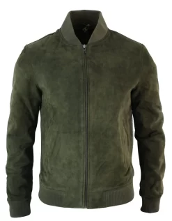 Varsity Mens Real Suede Leather Bomber College Jacket Classic Retro Vintage – Olive