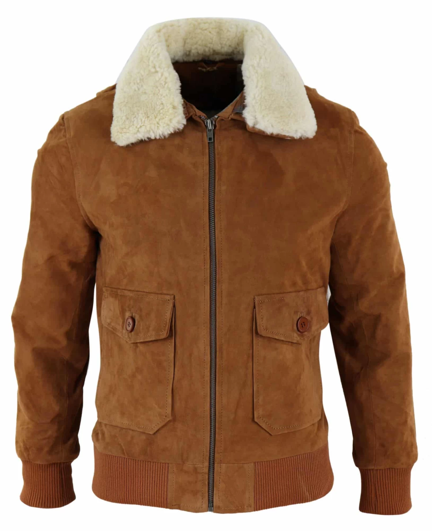 Mens Real Suede Varsity Bomber Jacket With Removable Collar β Tan