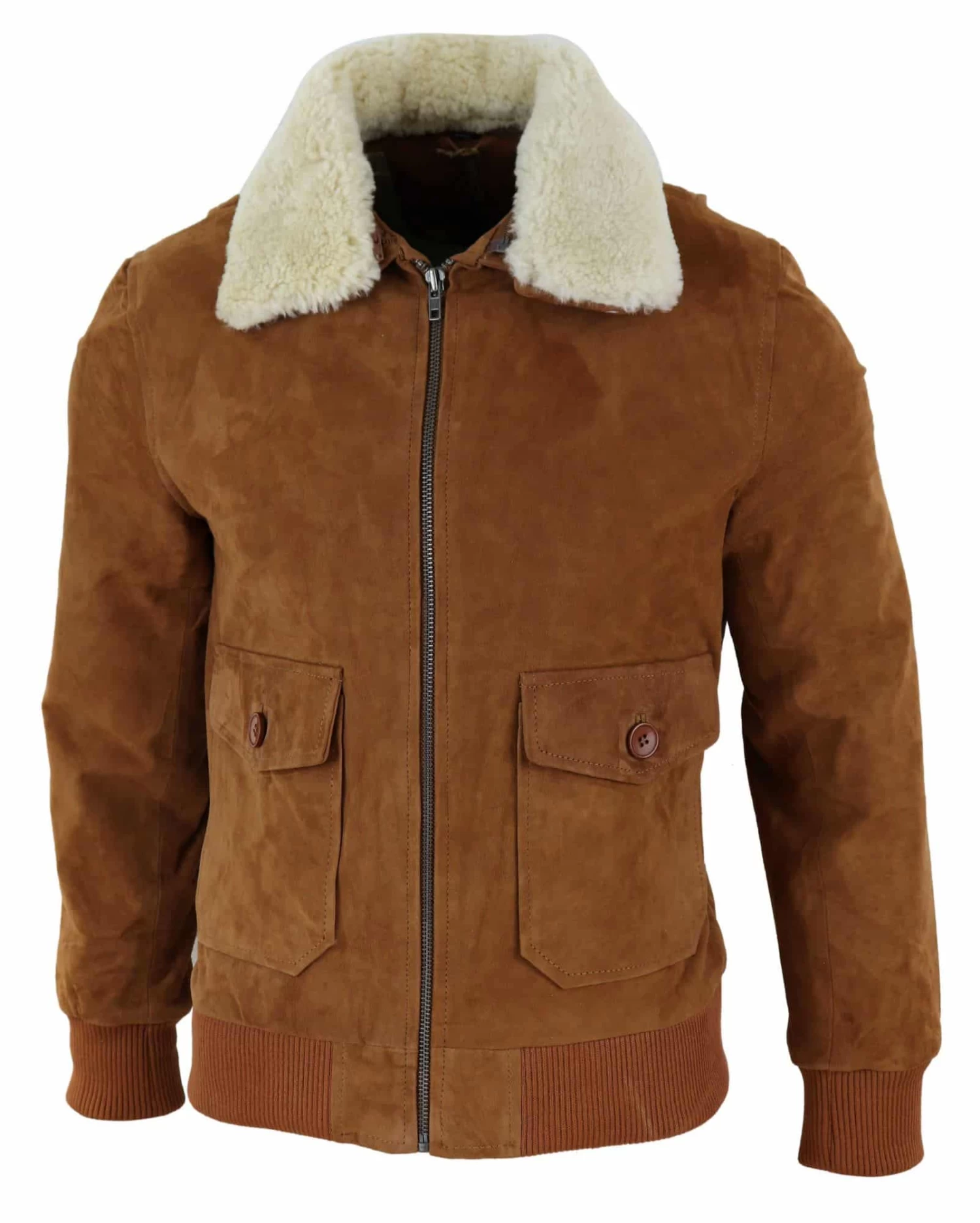 Mens Real Suede Varsity Bomber Jacket With Removable Collar β Tan - Image 2