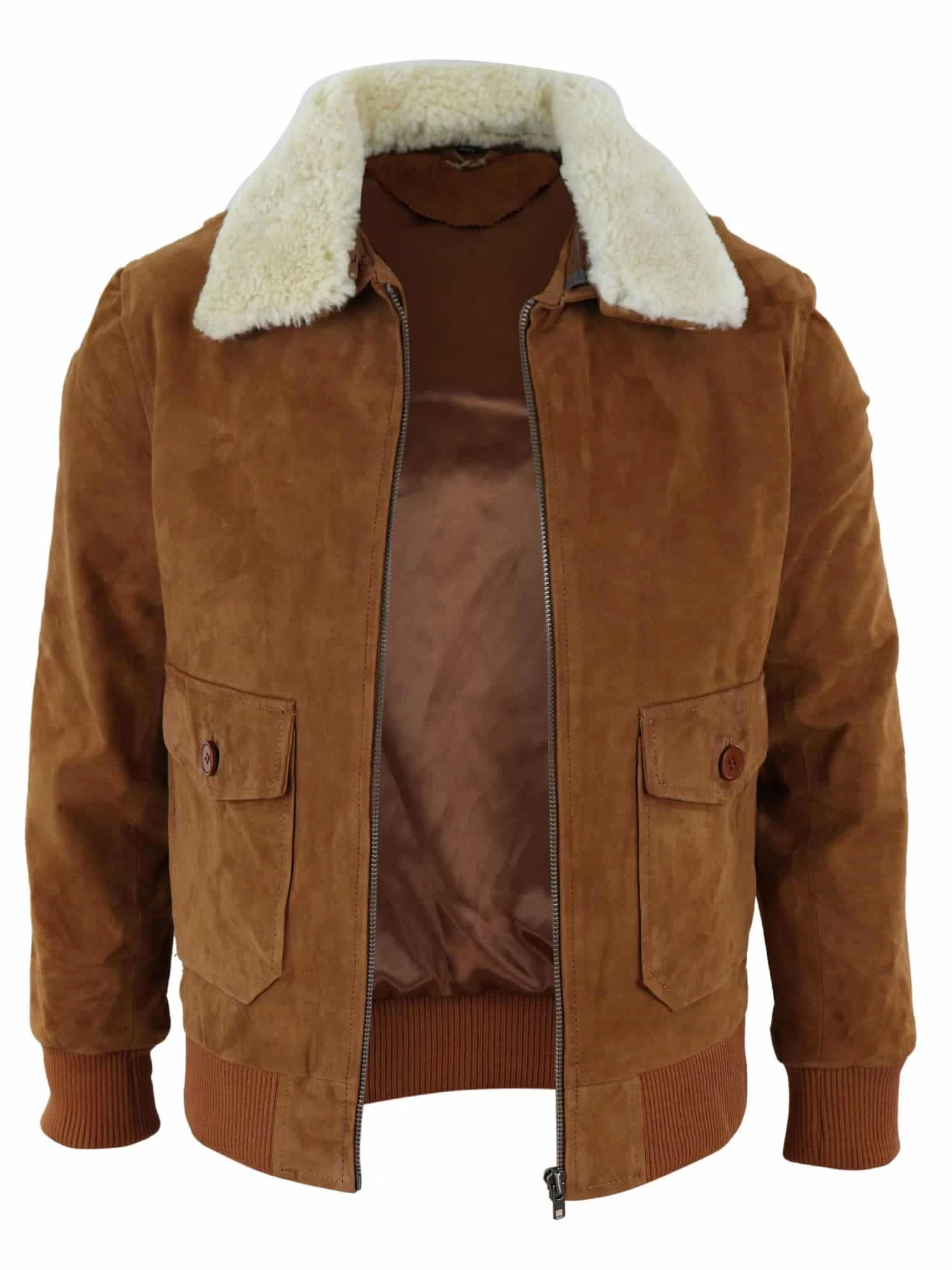 Mens Real Suede Varsity Bomber Jacket With Removable Collar β Tan - Image 3
