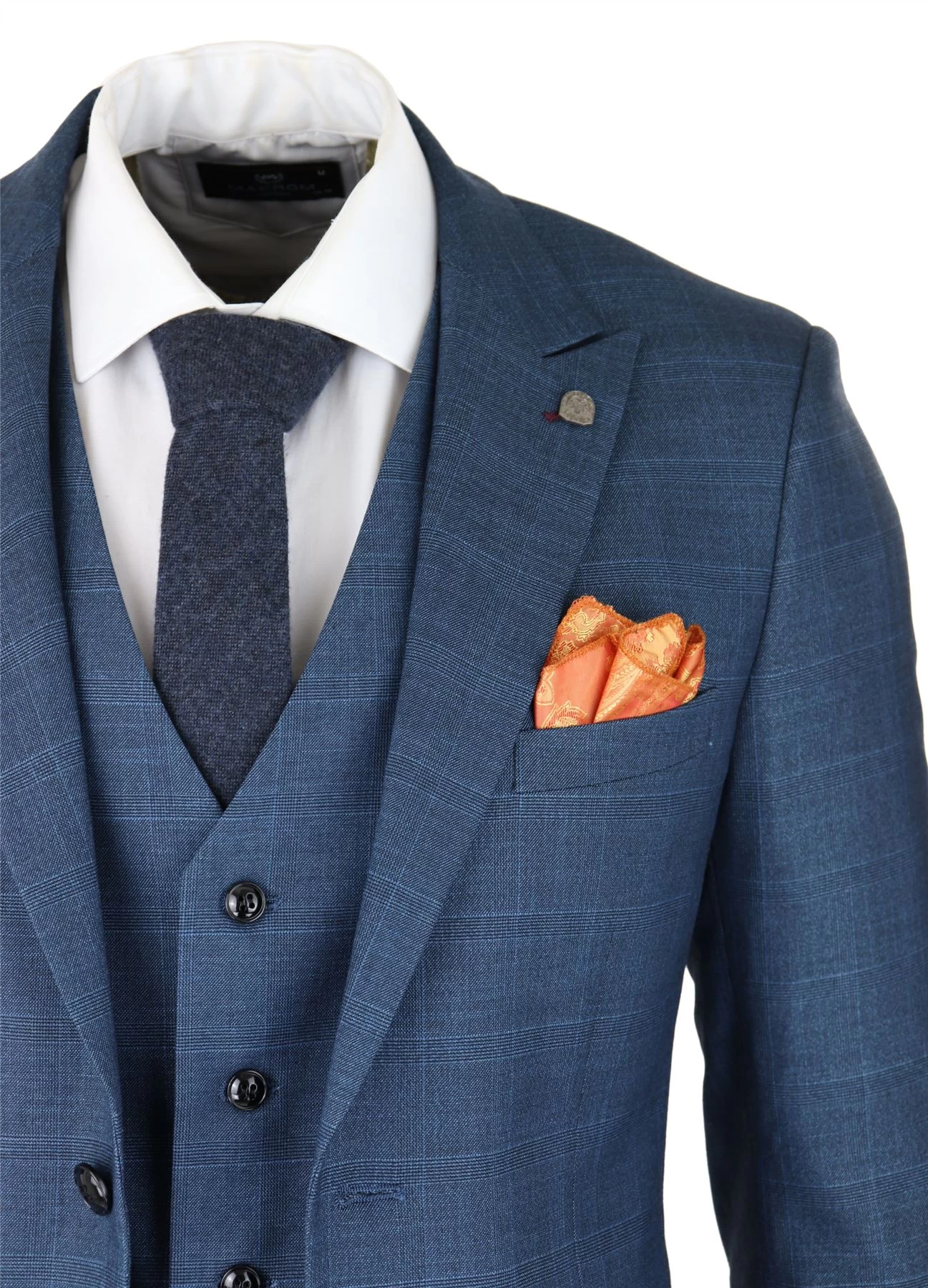 Mens 3 Piece Prince Of Wales Check Suit Blue Classic Light Tailored Fit Modern - Image 3
