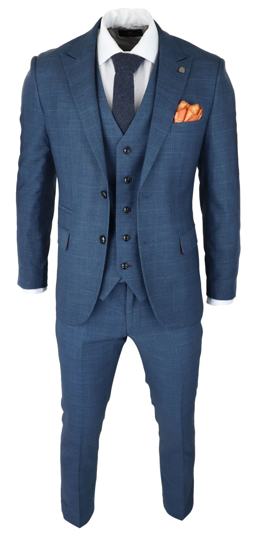 Mens 3 Piece Prince Of Wales Check Suit Blue Classic Light Tailored Fit Modern - Image 5