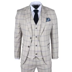 Warwick Men’s Beige 3-Piece Checked Suit